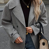 Elegant Dark Grey Wool High Pea Coat for Women with Notched Lapel Long Sleeve Double Breasted Oversized Style