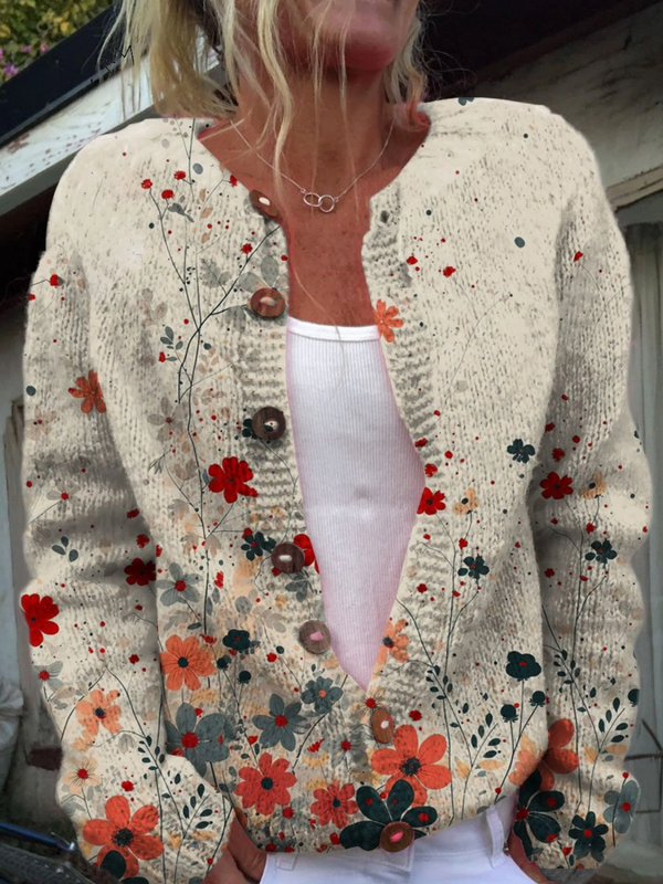Vintage cardigan with floral artistic print and buttons