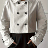 Elegant Khaki Pea Coat for Women with Notch Lapel Long Sleeve Double Breasted Cropped Style