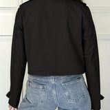 Elegant Brown Cropped Pea Coat for Women with Notched Lapel Long Sleeve Double Breasted Casual Style