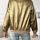 Elegant Gold Metallic Bomber Jacket for Women with Ribbed Collar Long Sleeve Zip Front Relaxed Style