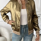 Elegant Gold Metallic Bomber Jacket for Women with Ribbed Collar Long Sleeve Zip Front Relaxed Style