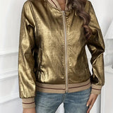 Elegant Gold Metallic Bomber Jacket for Women with Ribbed Collar Long Sleeve Zip Front Relaxed Style