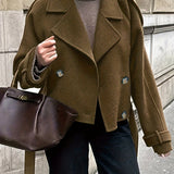 Elegant Coffee Brown Pea Coat for Women with Notch Lapel Long Sleeve Belted Oversized Style