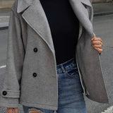 Elegant Dark Grey Wool High Pea Coat for Women with Notched Lapel Long Sleeve Double Breasted Oversized Style