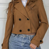 Elegant Brown Cropped Pea Coat for Women with Notched Lapel Long Sleeve Double Breasted Casual Style
