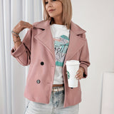 Effortless Pink Pea Coat for Women with Notched Lapel Long Sleeve Double Breasted Cropped Casual Style