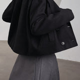 Elegant Black Pea Coat for Women with Notch Lapel Long Sleeve Double Breasted Cropped Style
