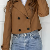 Elegant Brown Cropped Pea Coat for Women with Notched Lapel Long Sleeve Double Breasted Casual Style
