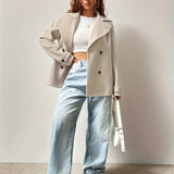 Elegant Beige Pea Coat for Women with Notched Lapel Long Sleeve Double Breasted Oversized Style