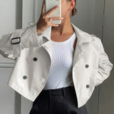 Elegant Khaki Pea Coat for Women with Notch Lapel Long Sleeve Double Breasted Cropped Style