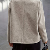 Elegant Apricot Wool Pea Coat for Women with Stand Collar Long Sleeve Double Breasted Oversized Style