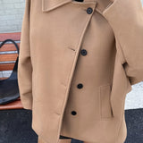 Elegant Khaki Wool Pea Coat for Women with Notched Collar Batwing Sleeve Oversized Button Front Style