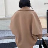 Elegant Khaki Wool Pea Coat for Women with Notched Collar Batwing Sleeve Oversized Button Front Style