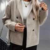 Elegant Apricot Wool Pea Coat for Women with Stand Collar Long Sleeve Double Breasted Oversized Style