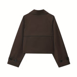 Elegant Coffee Brown Pea Coat for Women with Notched Lapel Long Sleeve Double Breasted Cropped Style