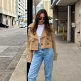 Elegant Coffee Brown Pea Coat for Women with Notched Lapel Long Sleeve Double Breasted Cropped Style
