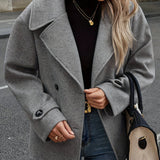 Elegant Dark Grey Wool High Pea Coat for Women with Notched Lapel Long Sleeve Double Breasted Oversized Style
