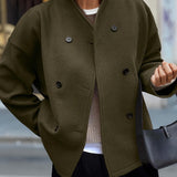 Elegant Dark Green Pea Coat for Women with Stand Collar Long Sleeve Double Breasted Relaxed Style