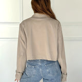 Elegant Khaki Cropped Pea Coat for Women with Notch Lapel Long Sleeve Double Breasted Casual Style