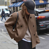 Elegant Camel Wool Pea Coat for Women with Stand Collar Long Sleeve Double Breasted Oversized Style