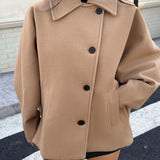 Elegant Khaki Wool Pea Coat for Women with Notched Collar Batwing Sleeve Oversized Button Front Style