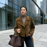 Elegant Coffee Brown Pea Coat for Women with Notch Lapel Long Sleeve Belted Oversized Style