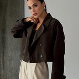 Elegant Coffee Brown Pea Coat for Women with Notched Lapel Long Sleeve Double Breasted Cropped Style
