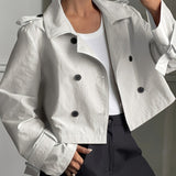 Elegant Khaki Pea Coat for Women with Notch Lapel Long Sleeve Double Breasted Cropped Style