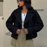 Elegant Black Pea Coat for Women with Notch Lapel Long Sleeve Double Breasted Cropped Style