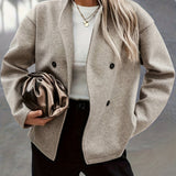 Elegant Apricot Wool Pea Coat for Women with Stand Collar Long Sleeve Double Breasted Oversized Style