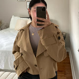 Elegant Coffee Brown Pea Coat for Women with Notched Lapel Long Sleeve Double Breasted Cropped Style