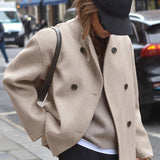 Effortless Wool Pea Coat for Women with Stand Collar Long Sleeve Double Breasted Oversized Casual Style